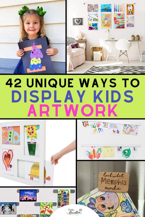 collage of displays for kids artwork Daycare Art Display, Hanging Kids Art On The Wall, How To Display Kids Artwork, Kids Pictures On Wall, Kids Artwork Display Ideas, Artwork Display Ideas, Framed Kids Art, Ways To Display Kids Artwork, Preschool Art Display