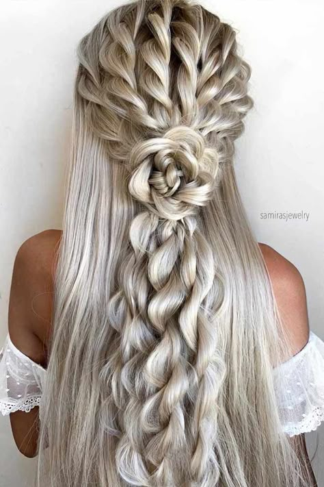 Wedding Hairstyles With Pearls Down, How To Cute Hairstyles, Long Hairstyles With Braids, Flower Hairstyles, Braid Flower, Down Wedding Hairstyles, Half Up Half Down Wedding, Hair Flowers, Wedding Hair Down