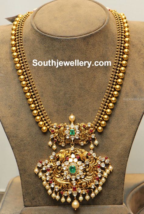 Antique Gold Balls Haram with Polki Pendant - Indian Jewellery Designs Nakshi Pendant, Latest Indian Jewellery, 22 Carat Gold Jewellery, Antique Gold Jewelry Indian, Gold Necklace Indian, Gold Jewelry Simple Necklace, Beautiful Gold Necklaces, Design Page, Handmade Gold Jewellery