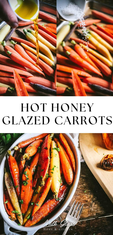 Sweet, tender, spicy, and fresh, these hot honey glazed carrots are a fun twist on candied carrots and have so much flavor! They're also incredibly easy to make. Just roast, then top with a buttery hot honey sauce and a sprinkle of fresh herbs. So simple, but so satisfying! Gluten Free Glazed Carrots, Crock Pot Carrot Recipes, Spicy Glazed Carrots, Hot Honey Glazed Carrots, Instant Pot Glazed Carrots, Honey Brown Sugar Glazed Carrots, Whole Carrot Recipes, Hot Honey Roasted Carrots, Hot Honey Uses