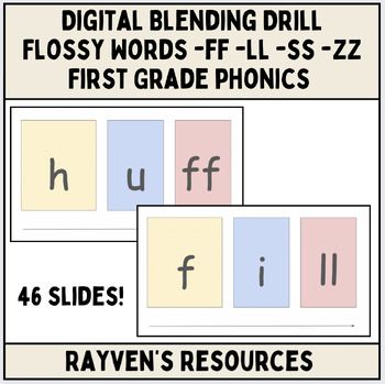 FLOSSY Words (-ff -ll -ss -zz) Blending Drill (Decoding Fluency), Digital Slides Presentation, Digital Blending Board, 1st Grade Phonics
These slides support reading fluency with FLOSSY words (-ff -ll -ss -zz)
This is a great tool to build decoding skills
This resource can be used WHOLE group or SMALL group
The blending drill is a highly effective review for students. Students say each sound, then the word.
Perfect for first graders
46 slides Nd Ending Blend Words, Fl Blends Worksheet, Successive Blending, Decoding Drills For Phonics Fluency, First Grade Phonics, Reading Fluency, Reading Resources, Blending, Grade 1