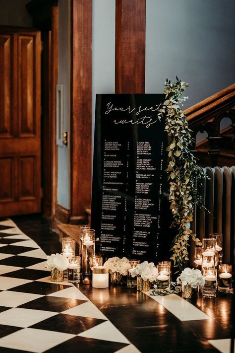 Black Romance Aesthetic Wedding, Black Guest Book Wedding, Black Acrylic Seating Chart Wedding, Black Modern Wedding Decor, Black Acrylic Seating Chart, Black Bar Wedding, Black Seating Chart Wedding, Black Wedding Signage, All Black Wedding Reception