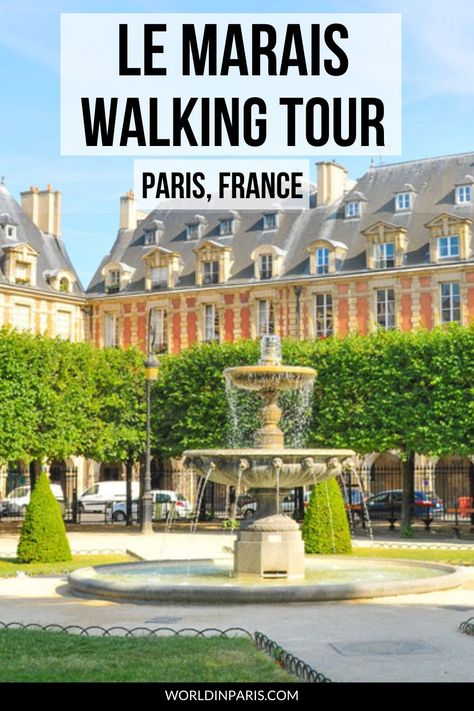 Place des Vosges, Le Marais, Paris. Text reads Le Marais Walking Tour, Paris, France Paris Walking Tour Map, Paris Checklist, Paris Itinerary 3 Days, Germany Places, Paris Weekend, Paris Walking, Paris Walking Tour, Paris Sightseeing, Road Trip France