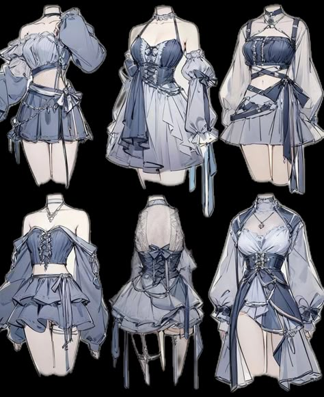 Anime Female Clothes Reference, Dresses Drawings Sketches, Anime Dresses Design, Fancy Clothes Drawing, Fantasy Clothing Design Sketches, Fantasy Clothing Drawing, Female Outfits Drawing, Anime Dress Design, Anime Outfits Female