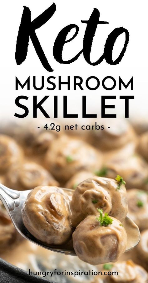 This creamy keto garlic mushroom skillet is the perfect low carb side dish for anything that's hearty & comforting but it'll also taste amazing on its own! It's just the right thing to have when it's cold and uncomfortable outside and you just want something to warm up and feel good. And we haven't even mentioned the best thing - one serving of these super easy fried keto garlic mushrooms only has 4.2g net carbs! Mushroom Skillet, Keto Savory, Keto Mushrooms, Low Carb Side Dish, Low Carb Side, Keto Easy, Keto Side, Keto Recipes Ketogenic, Low Carb Sides