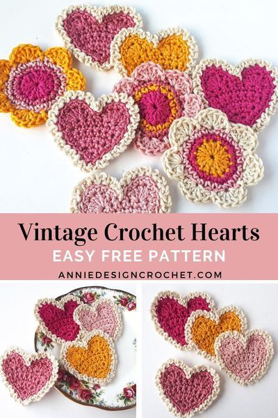 Make some sweet Vintage Crochet Hearts to give to someone special! Make a crochet heart garland to hang on your mantle. They would also be perfect to embellish a baby blanket, or crochet some hearts in Rainbow shades, to make a garland for a new baby. The patterns includes a helpful photo tutorial. Easy Crochet Applique, Crocheted Hearts, Crochet Valentine Patterns, Interesting Crochet, Crochet Valentines, Crochet Appliqué, Vintage Hearts, Crochet Applique Patterns Free, Crochet Valentine