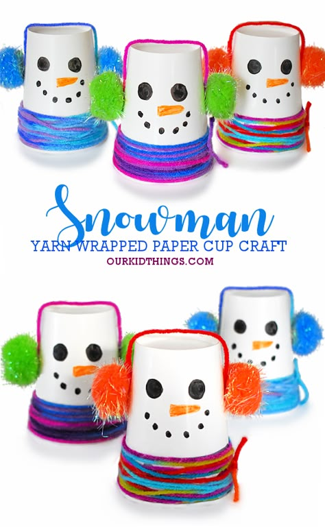 Paper Cup Snowman Craft Plastic Cup Christmas Crafts, Paper Cup Snowman Crafts, Christmas Crafts With Cups, Christmas Paper Cup Craft, Snowman Cup Craft, Yarn Wrapped Snowman, Paper Cup Christmas Tree, Winter Crafts For Classroom Party, January Art Activities For Kids