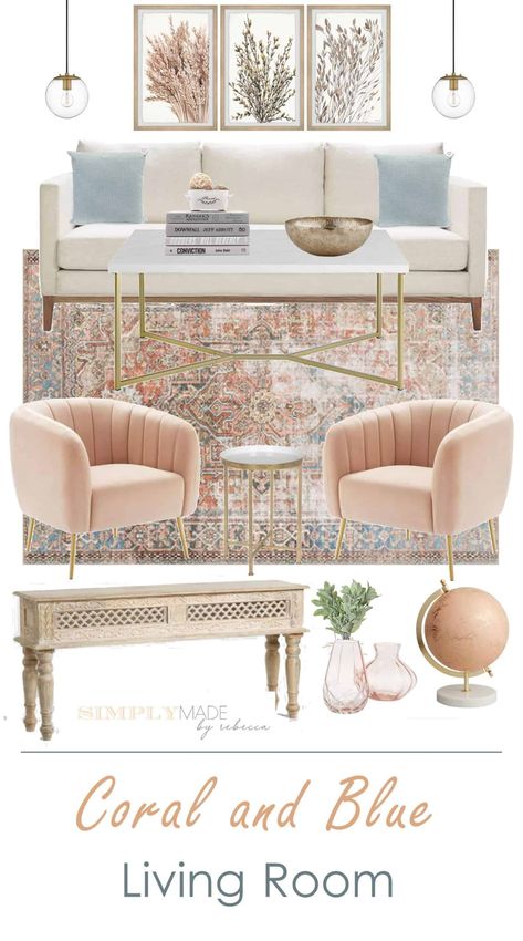 Coral and Blue Living Room. Shop this look at www.simplymadebyrebecca.com. Pink And Blue Living Room Ideas, Pink Accents Living Room, Boho Glam Living Room, Pink Rug Living Room, Peach Living Rooms, Blue And Pink Living Room, Coral Living Rooms, Blush Living Room, Home Decorations Ideas