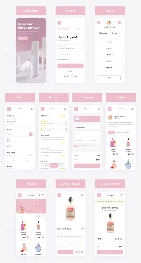 Elevate your mobile fragrance experience with this sophisticated Perfume Shop App UI Template. Beautifully crafted in Figma, Sketch, and XD, this template offers a seamless and engaging interface designed to showcase your exquisite perfume collection.  
.#CanvaTemplates #SocialMediaDesign #InstagramIdeas #PinterestTemplates #CreativeCanva Skincare App Design, Figma Design Ideas App, Beauty App Design, App Ui Design Inspiration, Fig Sketch, Skincare App, App Template Design, Desain Ux, App Frame