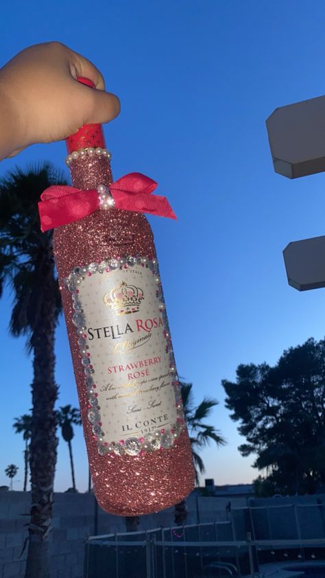 Pink glittery Stella Rosa bottle Pink Liquor Aesthetic, Glitter Alcohol Bottle, Pink Liquor, Pink Alcohol, Alcohol Beverages, Bling Bottles, Stella Rosa, Pink Quince, Stella Rose