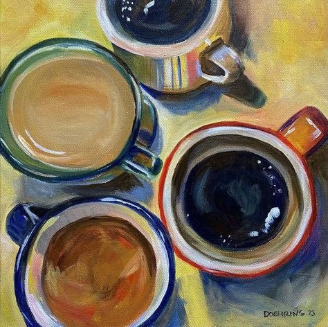 Coffee Mugs Painting, Coffee Cups Painting, Coffee Mug Painting Ideas Canvas, Acrylic Painting For Kitchen, Coffee Pop Art, Coffee Cup Art Paintings, Still Art Painting, Coffee Acrylic Painting, Painting Of Coffee