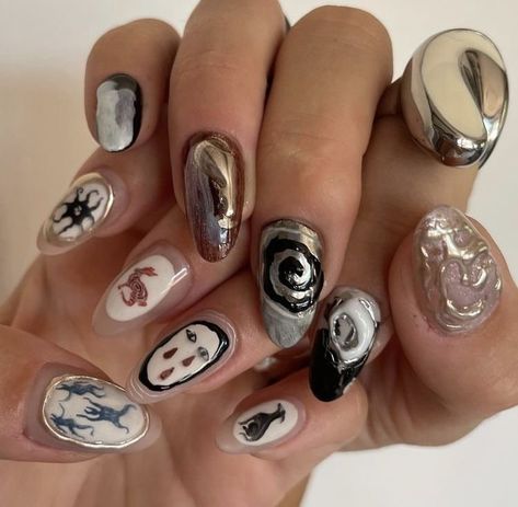 Black Cool Nails, Finger Bones, Punk Nails, Korean Nails, Goth Nails, Grunge Nails, August 27, Nail Varnish, Manicure Y Pedicure