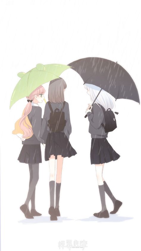 School Friends, Three Girls, Umbrella, Anime