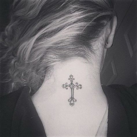 Lovely >> fifty five+ Engaging Again of Neck Tattoo Designs - For Artistic Juice Black Cross Tattoos, Cross Tattoo Neck, Geometric Tattoo Back, Small Cross Tattoos, Tattoos Back, Tattoo Sites, Poseidon Tattoo, Red Heart Tattoos, Girl Neck Tattoos