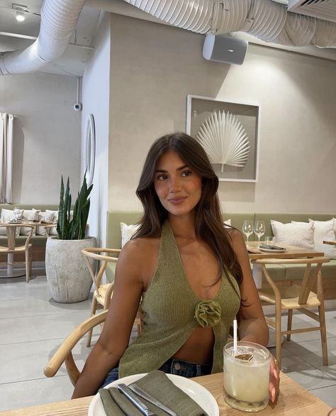 dekota_thompson Thompson Aesthetic, Green Top Outfit, Olive Green Outfit, Green Halter Top, Fashion Gal, Aesthetic Jewelry, Christmas Party Outfits, New Years Eve Outfits, Spring Hairstyles