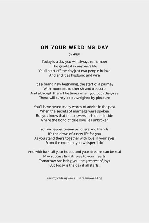 On Your Wedding Day by Anon Wedding Reading Poem Wedding Poems For Ceremony, Bridesmaid Speech Examples, Wedding Readings Funny, Wedding Poems Reading, Best Friend Wedding Speech, Marriage Poems, Wedding Officiant Speech, Vows Quotes, Wedding Wishes Quotes