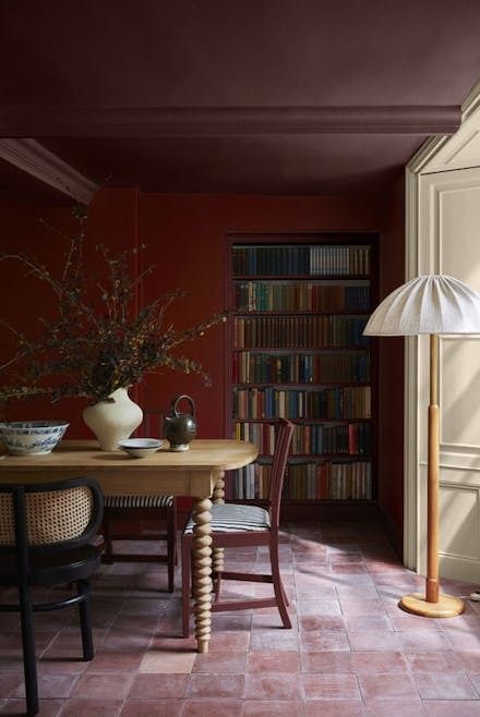 Bronze Red Dining Room Inspiration | Little Greene Victorian Paint Colors, Interior Paint Finishes, Red Shutters, Pink And Black Wallpaper, Red Paint Colors, Red Dining Room, Painting Wooden Furniture, Paint Trends, Dining Room Colors