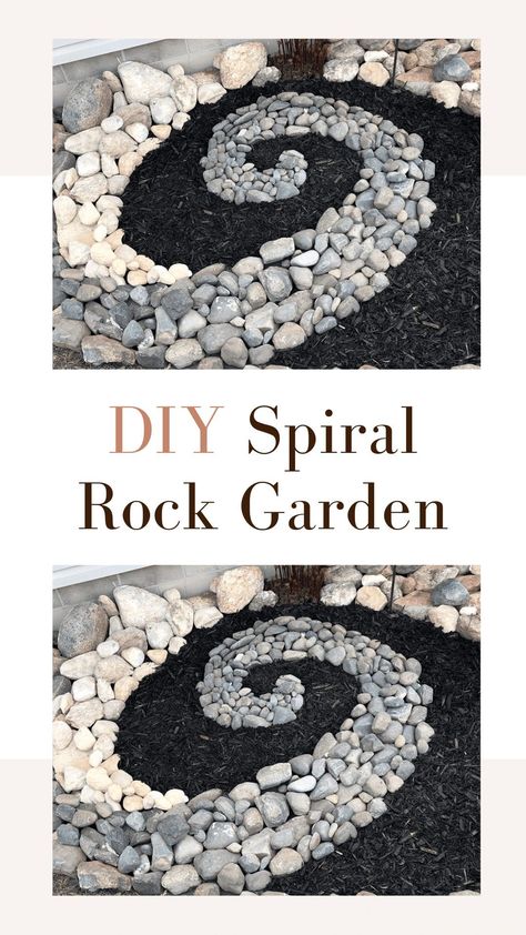 Create an easy Zen DIY spiral rock garden. It's great for small space gardens, easy to maintain, and adds curb appeal to the home. Learn how I planned the rock garden spiral, chose the contrasting colors, prepared the space, sorted the stones into different sizes, laid out a template, and placed the rocks for the final spiral Zen rock garden design. #landscape #spiral #chakras #rockgarden #gardendesign #outdoorzen Large Garden Stones, Diy River Rock, Rock Flower Beds, Spiral Garden, Front Flower Beds, Rocks Landscaping, Zen Rock Garden, Landscaping With Large Rocks Front Yard, Landscaping With Large Rocks Natural