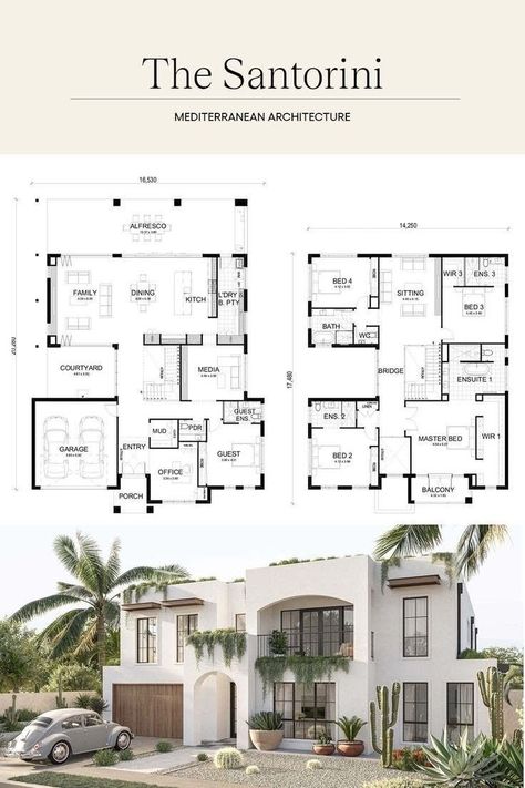 Santorini House, Mediterranean House Plans, Mediterranean House, Mediterranean Architecture, Casas The Sims 4, Sims House Plans, Modern House Exterior Design, Mediterranean Design, House Layout Plans