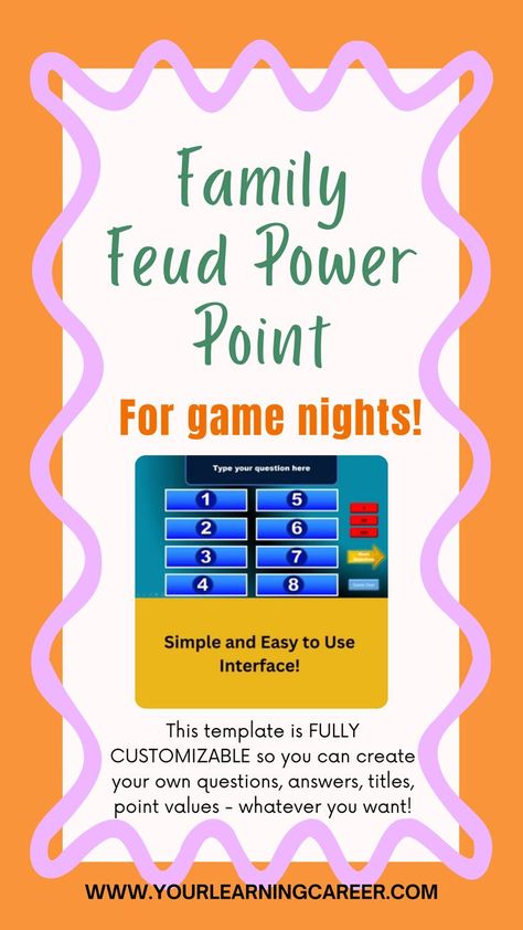 Looking to spice up your next gathering? Try our Fun Family Feud PowerPoint for Game Nights! This interactive presentation is designed to bring everyone together for a night of laughter and friendly competition. This video tutorial will teach you how to create and customize your own game, making it perfect for any gathering. Engage your friends and family with entertaining questions and answers. #familyfeud Family Feud Board Diy, Diy Family Feud, Game Night Friends, Family Feud Questions And Answers, Birthday Game Night, Youth Christmas Party, Family Feud Template, Free Computer Games, Christmas Family Feud