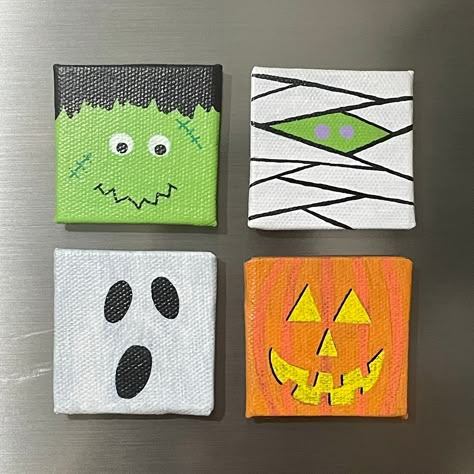 Four 2"x2" painted canvas magnets. One Frankenstein, one mummy, one ghost and one jack o' lantern. Frankenstein Canvas Painting, Halloween Themed Paintings Easy, Halloween Small Canvas Painting, Frankenstein Painting Easy, Mini Canvas Halloween Art, Cute Ghost Painting Canvas, Halloween Paint Night Ideas, Mini Halloween Paintings, Halloween Painting For Kids