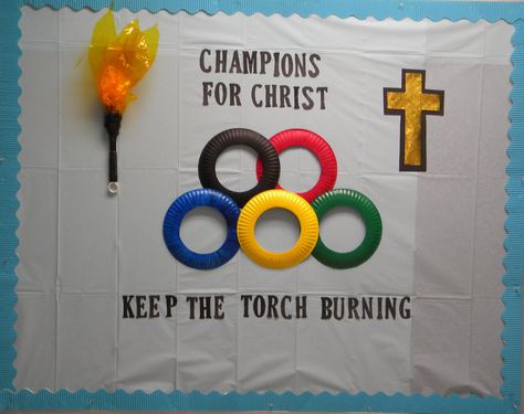 August Bulletin Board for FCC Olympic Themed Vbs Decorations, Olympics School Theme Bulletin Boards, Olympic Vbs Theme, Sunday School Olympics, Olympic Themed Vacation Bible School, Olympic Vbs Crafts, Vbs Olympics Theme, Olympic Themed Classroom, Olympic Vbs Decorations