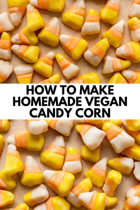 FINALLY a vegan candy corn recipe that tastes just like candy corn, but without the waxy feel! This homemade candy corn recipe is completely dairy free and gelatin free, and uses maple syrup instead of corn syrup! Super easy to make and the perfect vegan Halloween candy for all of your spooky parties! #halloween #vegan #candycorn #candy How To Make Candy Corn, Vegan Candy Recipes, Homemade Candy Corn, Candy Corn Recipe Desserts, Keto Candy Corn, Healthy Candy Corn Snack, Candy Corn And Peanuts Recipe, Vegan Spooky Desserts, Homemade Candy Corn Recipe