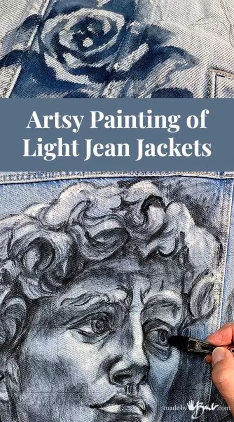 Artsy Painting of Light Jean Jackets - Made By Barb - no crusty paint Painting Of Light, Painted Clothes Ideas, Upcycle Jean Jacket, Painting On Jeans, Jean Flowers, Light Jean Jacket, Jean Jacket Diy, Embellished Jackets, Fabric Spray Paint