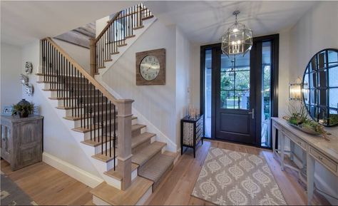 Half Turn Staircase Ideas, Transitional Front Door, Turn Staircase, Wrought Iron Spindles, Foyer With Stairs, Transitional Entry, Stainless Steel Balustrade, Iron Spindles, Steel Balustrade