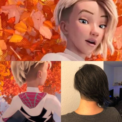 Ghost Spider Haircut, Gwen Stacy Hairstyle, Spider Gwen Haircut Real Life, Spidergwen Haircut, Spider Gwen Haircut, Gwen Stacy Hair, Gwen Stacy Haircut, Gwen Hair, Gwen Spiderman