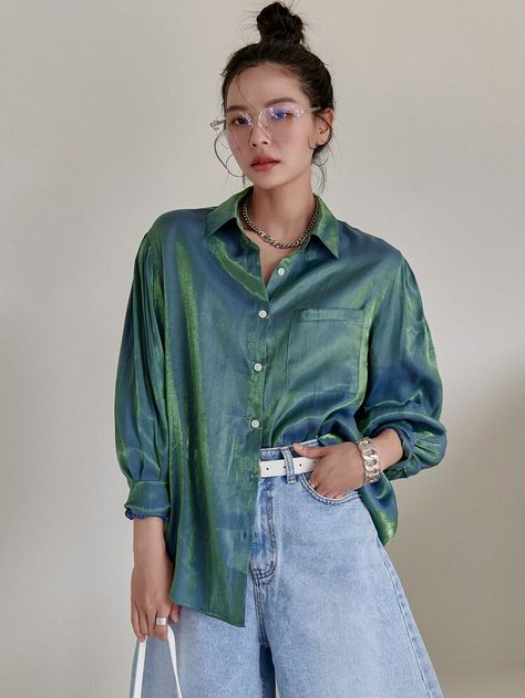 Bishop Sleeve Holographic Blouse | SHEIN USA Holographic Shirt, Bishop Sleeve, Women Blouses, Shein Style, Casual Blouse, White Tops, Denim Button Up, Fashion News, Korean Fashion