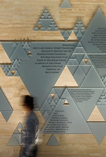 Information Wall Design, Wall Display Design, Triangle Pattern Wall, Graphic Exhibition, Triangle Wall Art, Donor Recognition Wall, Information Display, Franklin Institute, Donor Wall