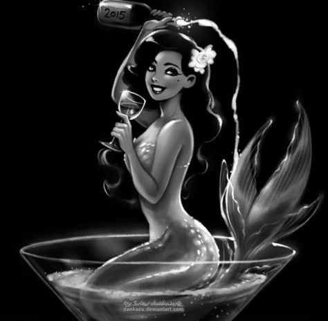 Mermaid Cove, Mermaids And Mermen, Mermaid Life, Mermaid Art, Pin Up Art, Vintage Pinup, Cocktail Glass, Martini Glass, Black Art