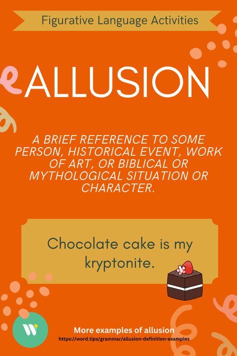 chocolate cake in the background because it says chocolate cake is my kryptonite, plus squiggles, and more examples Allusion Examples, Figurative Language Activities, Figurative Language Activity, Free Flashcards, The Cheshire Cat, Literary Devices, Figurative Language, Language Resources, Language Activities