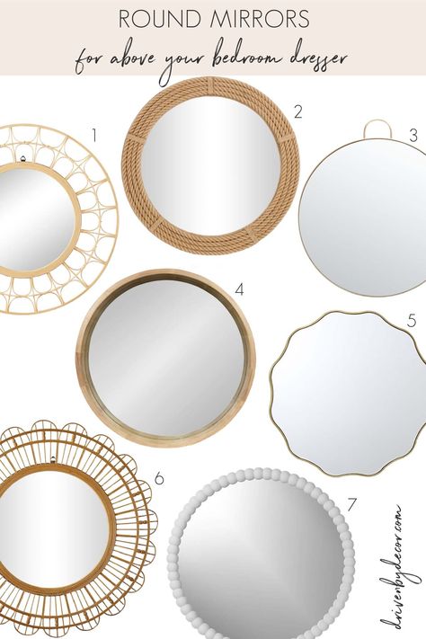 Round mirror options for above a bedroom dresser Simple Dresser Decor, Dresser Decor Ideas, Blue White Bedroom, Statement Mirror, Driven By Decor, Bamboo Mirror, White Ginger Jars, Boho Chic Bedroom, Bedroom Crafts