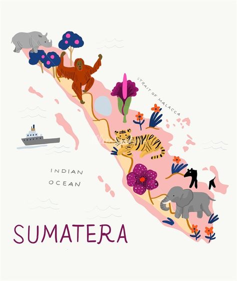 An illustration showing the Flora and Fauna of Sumatra by Ayang Cempaka Ayang Cempaka Illustration, Nusantara Art, Flora Illustration, Fauna Illustration, West Sumatra, Mary Blair, Indonesian Art, Flora Fauna, Dior Beauty