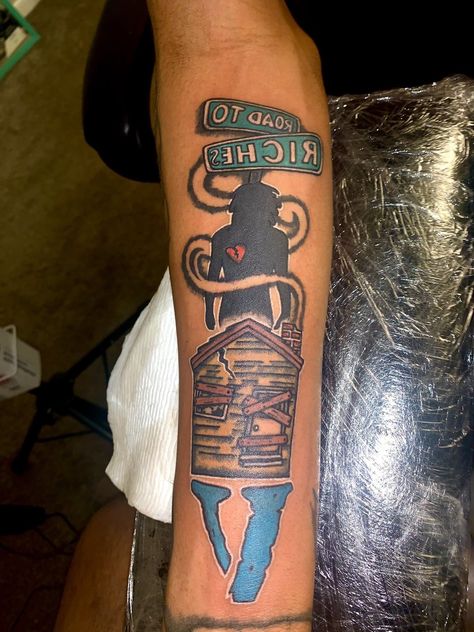 Rags To Riches Tattoo, Trap House Tattoo, Money Rolls Tattoo, Money Sign Tattoo, Money Rose Tattoo, Road To Riches, House Tattoo, Evil Tattoo, Meaningful Artwork