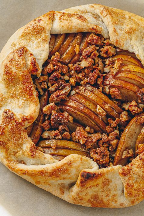 Pear Apple Pear Galette, Pear Gallette Recipe Simple, Cooked Pears, Pear Galette, Buttery Flaky Pie Crust, Caramelized Walnuts, Walnut Pie, Sliced Pears, Pumpkin Cinnamon Rolls