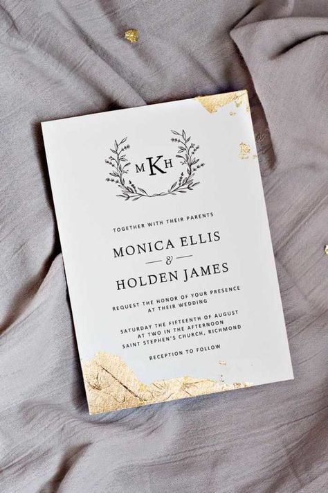 We'll show you how to take your printable wedding invitations to another level with just a little bit of glue and a few sheets of gold foil. Invitation With Gold Foil, Wedding Invites Gold Foil, How To Add Gold Foil To Invitations, Leaf Wedding Invitations, Gold Leaf Invitations, Gold Letterpress Wedding Invitations, Gold Foil Invitations, Letterpress Wedding Invitation, Wedding Invitations Leaves