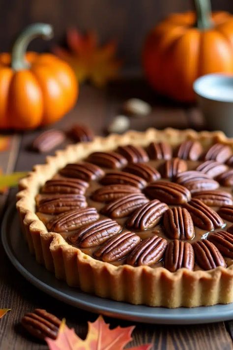 Pecan tart with a pumpkin background, surrounded by autumn leaves. Best Fall Desserts, Plum Crumble, Pumpkin Roll Cake, Pumpkin Spice Bread, Apple Crisps, Cranberry Orange Scones, Walnut Fudge, Spice Bread, Pecan Tarts