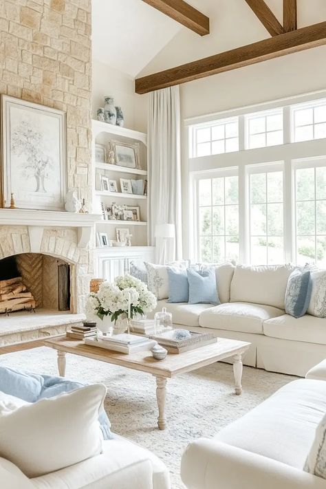 Romance in the Details: 40 French Country Living Room Designs You’ll Love | VIVA French Chic Home Decor, French Country Fireplaces, French Country Home Decor Ideas, French Country Entrance, Elegant Cozy Living Room, Classy Farmhouse Decor, French Country Lake House, French Cottage Interiors, French Country Cottage Decorating