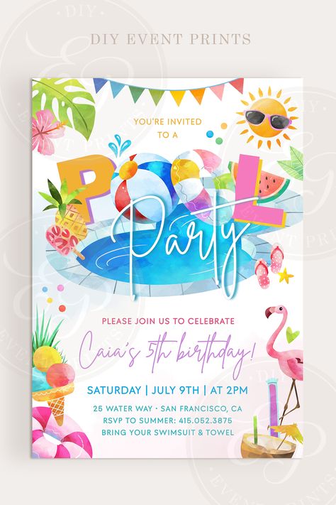 This FUN rainbow Pool Party Gender Neutral or Girl Birthday invitation set, includes our 5x7in "Pool Party (Pink)" Birthday Party Invitation and our 1080x1920px Digital Birthday Invitation (the ideal size for most smartphones). Click the link for more details! #DiyEventPrints, #PoolPartyInvitation, #PoolPartyInvite, #RainbowPoolParty, #InstantDownload, #SummerPoolParty, #SummerParty, #BeachPartyInvite, #GirlBirthday, #GenderNeutral, #BirthdayInvitation, #BirthdayInvite, #InvitationTemplate Kids Pool Party Invitations, Pool Party Invitations For Kids, Pool Party Girl Birthday, Rainbow Pool Party, Kids Pool Party Birthday, Summer Party Birthday, Painted Banners, Pink Birthday Party Invitations, Pool Party Invite