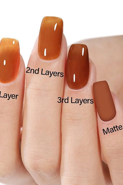 This is a semitransparent gel nail polish. Applying thinly allows the color to become more even. Most importantly, its effect depends on your nail base color and the number of layers you apply. Nude Gel Polish, Nail Polish Gel, November Nails, Manicure Diy, Cocoa Brown, Neutral Nails, Brown Nails, Amber Color, Diy Manicure