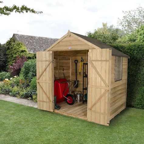 This high security shed is handy for keeping tools and gardening equipment packed safely away.  Free UK Mainland Delivery* 15 Year anti rot guarantee. 8mm Overlap wall cladding. 8mm Solid sheet roof. 12mm Pressure treated timber boarded floor. Framing 28mm x 28mm (1" x 1"). 1 Fixed window. Shatterproof styrene glazing. Double door. Ledged and braced door. Hidden door hinges. Diy Sheds, Hidden Door Hinges, Small Garden Shed, Wooden Shed, Shed Floor, Apex Roof, Cheap Sheds, Shed Base, Shed Building Plans