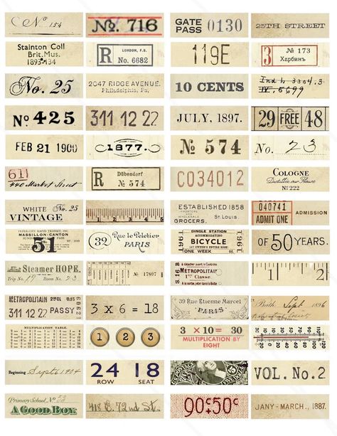 Vintage Number Labels Junk Journal Tags Random Numbers | Etsy Vintage Journal Ideas, Bullet Journal Vintage, Random Numbers, Junk Journal Tags, Vintage Paper Printable, Number Labels, طابع بريدي, Journal Tags, Vintage Numbers