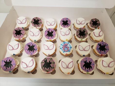 Gwen Spiderman Birthday Party, Ghost Spider Cookies, Spider Gwen Cupcakes, Spider Gwen Birthday Party Ideas, Ghost Spider Birthday Cupcakes, Ghost Spider Cupcakes, Spider Gwen Birthday Cake, Ghost Spider Gwen Birthday Party, Ghost Spidey Birthday Party Ideas