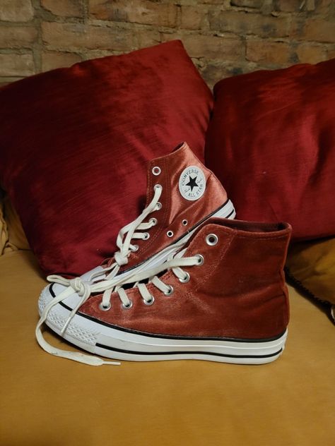 Brand new. Worn once. $60 Velvet Converse, Converse All Star, Chuck Taylor Sneakers, Converse High Top Sneaker, Converse Chuck Taylor High Top Sneaker, Converse Sneaker, Women's Pumps, Red Velvet, All Star