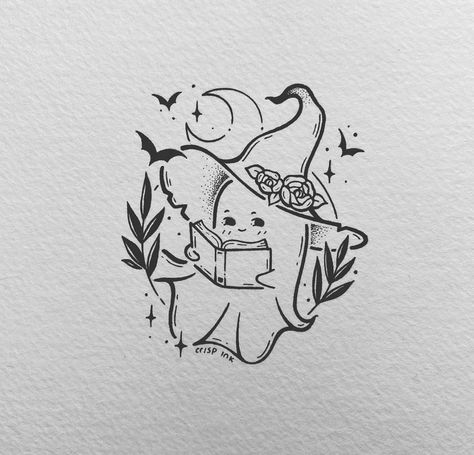 Cute Halloween Tattoos, Ghost Tattoo, Witch Tattoo, Cute Easy Doodles, Easy Love Drawings, Spooky Tattoos, Cute Little Tattoos, Book Tattoo, Easy Doodles Drawings