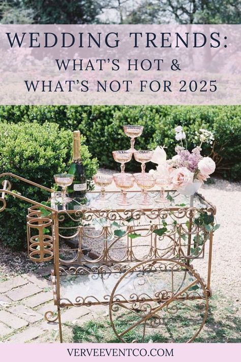 Curious about 2025 wedding trends? Discover what’s in, from interactive live entertainment to colorful decor, and which trends are fading in popularity. May Wedding Decor Ideas, Late April Wedding, Unique Wedding Elements, 2025 Wedding Reception Trends, Wedding Crazy Hour Ideas, Trendy Wedding Decorations, Event Decor Trends 2025, Wedding Add On Ideas, French Garden Wedding Decor