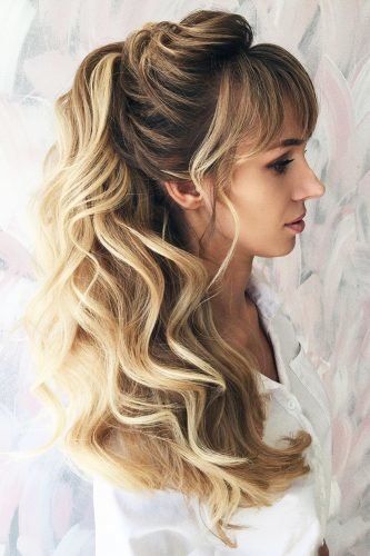 Chic Wedding Hairstyles With Bangs ★ wedding hairstyles with bangs high half up half down hith ponytail hair_by_pustovalova Wedding Hairstyles With Bangs, Wedding Hair Bangs, Carmen Dell'orefice, Asymmetrical Hairstyles, Shoulder Hair, Funky Hairstyles, Fringe Hairstyles, Feathered Hairstyles, Wedding Hairstyles For Long Hair